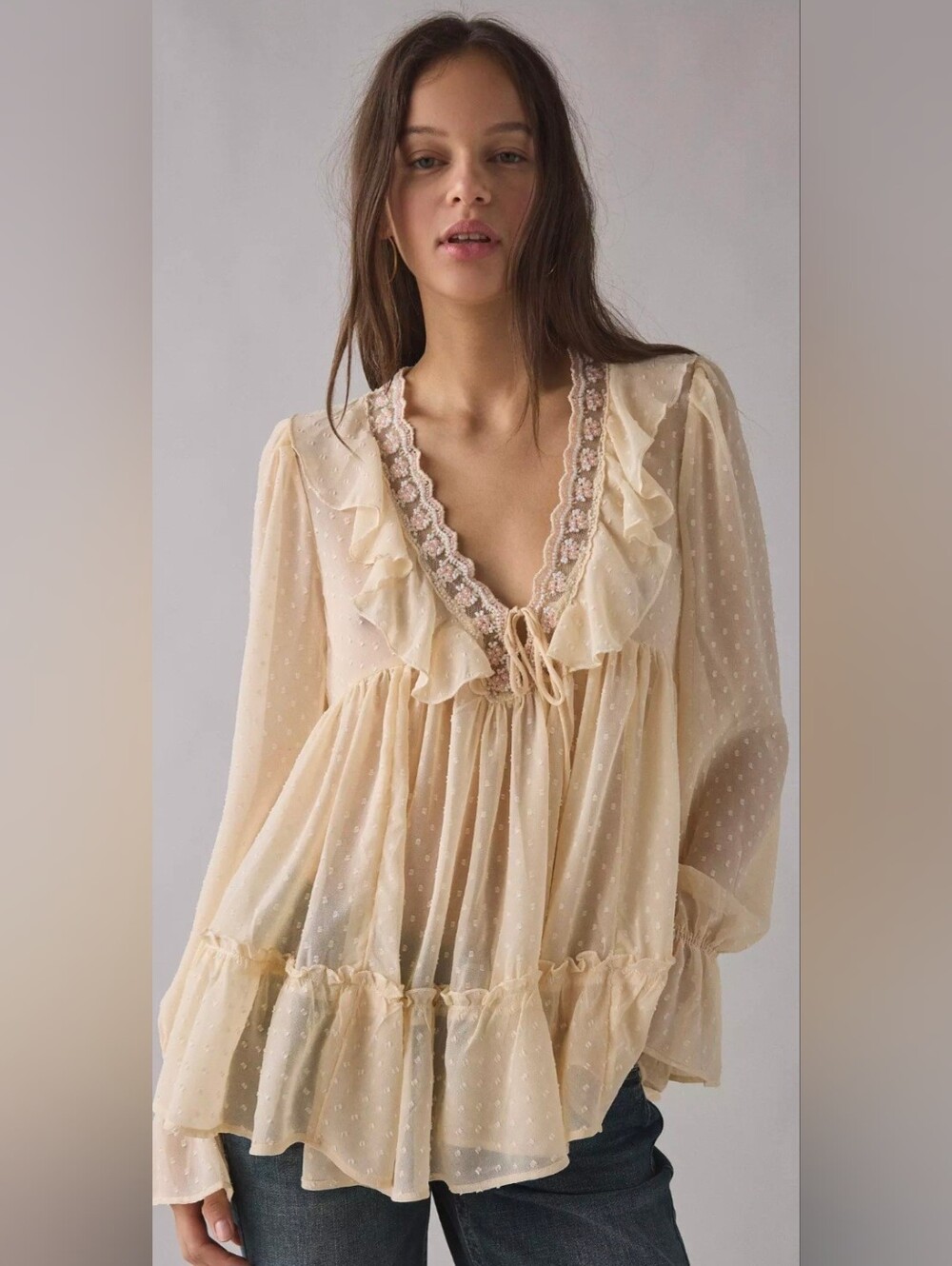 Kimchi Blue Mona Sheer Clip Dot Ruffle Babydoll Tunic Blouse Sz Small Petite